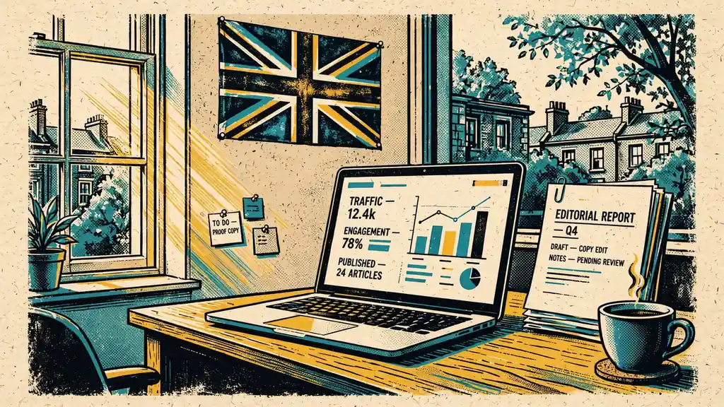 Office scene with UK flag, laptop and reports under warm light