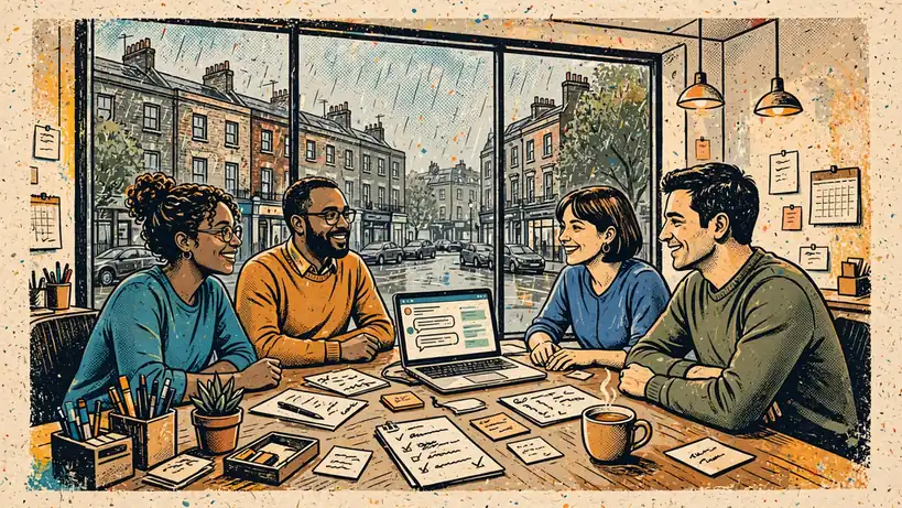 Support team in bright UK office with rainy street view