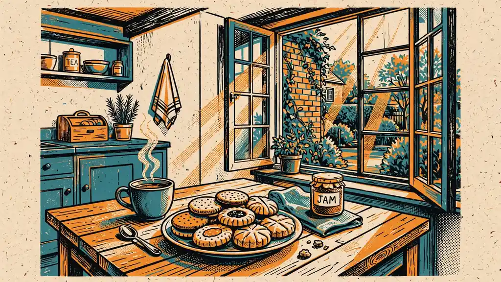 Plate of biscuits and tea in a British kitchen