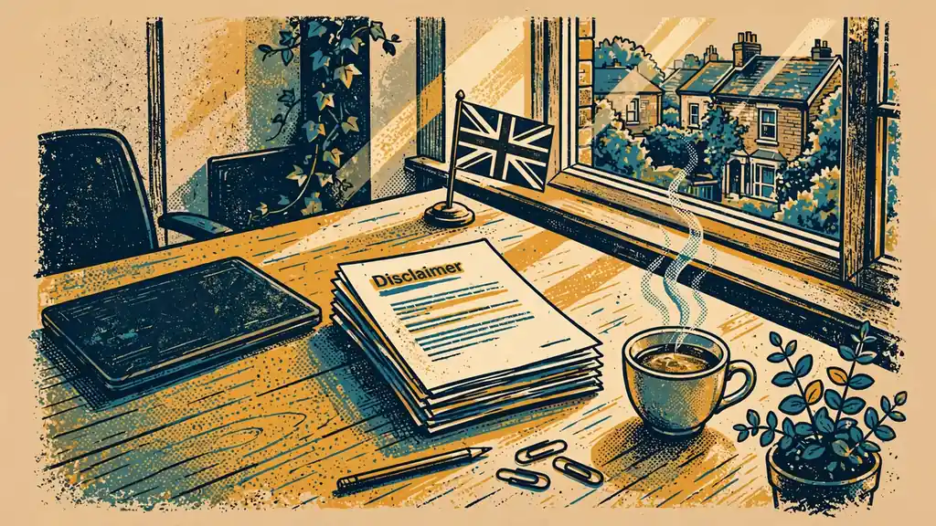 Office desk with British flag, legal documents, and tea cup