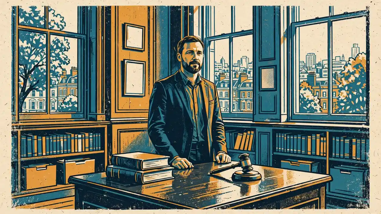British solicitor in office with legal books and London skyline view