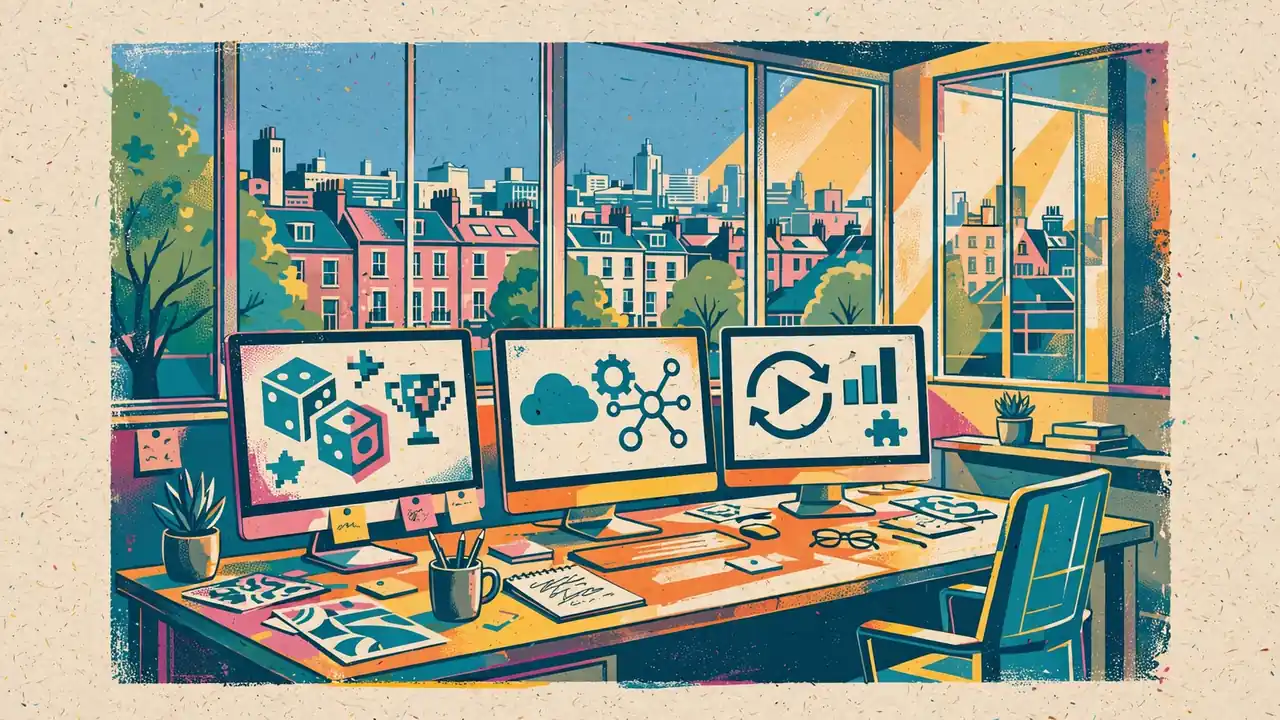 UK office with screens displaying game provider and software icons.