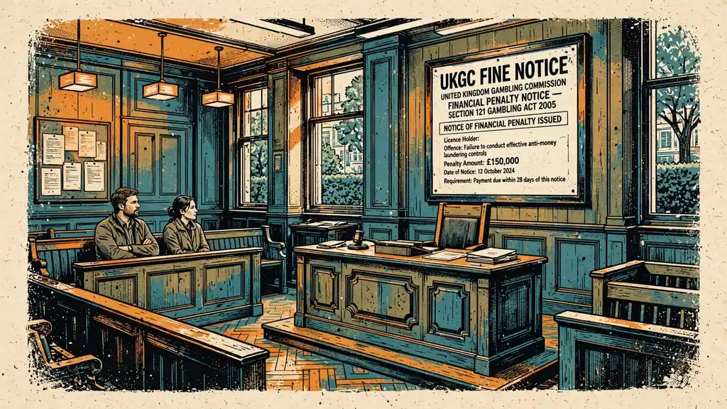 Courtroom with UKGC fine notice on the wall.