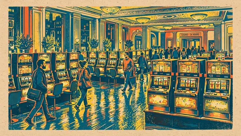 London casino lobby with rows of slot machines.