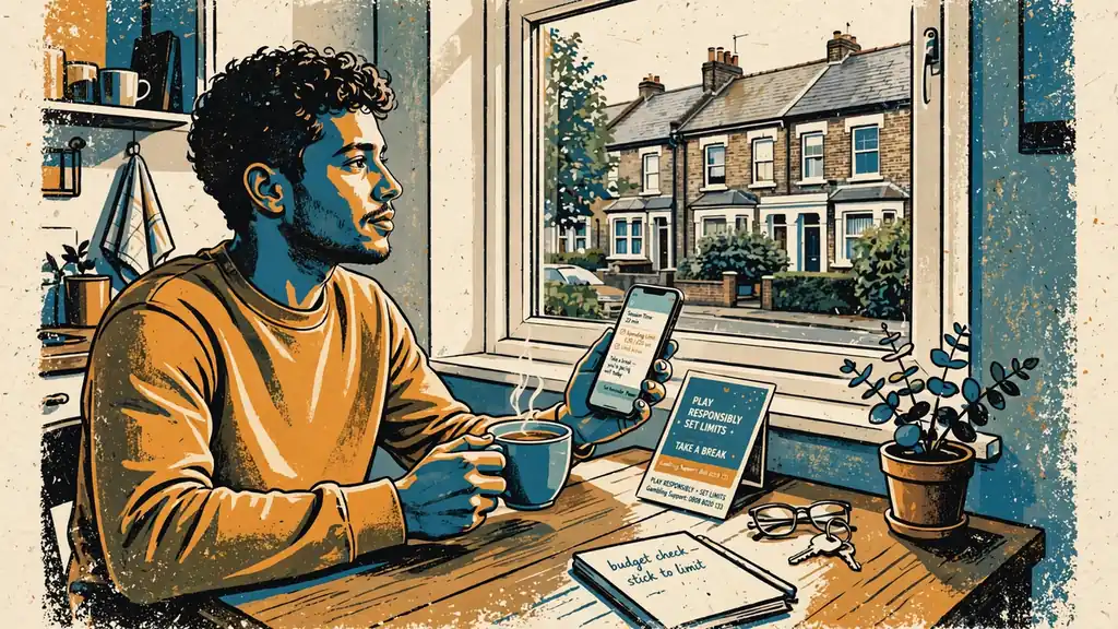 Young adult with tea, UK kitchen, daylight through window